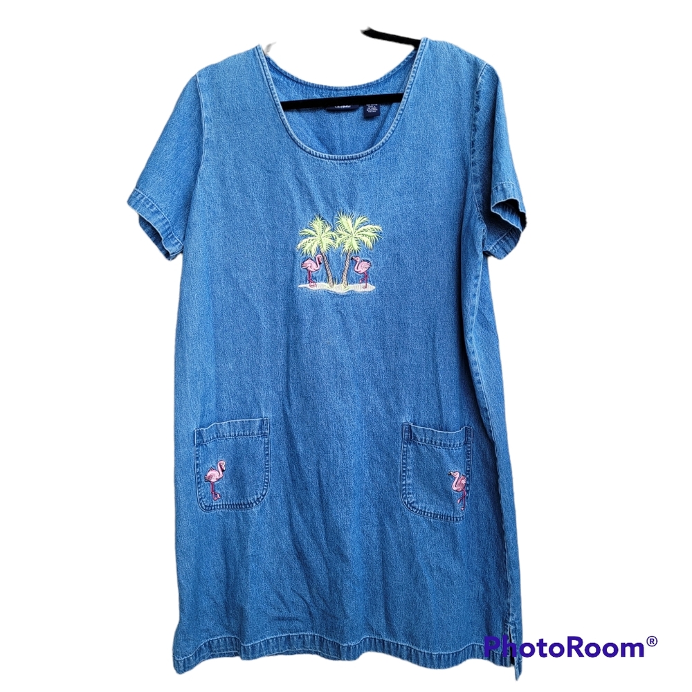 Vintage Denim Smock Dress - Flamingo